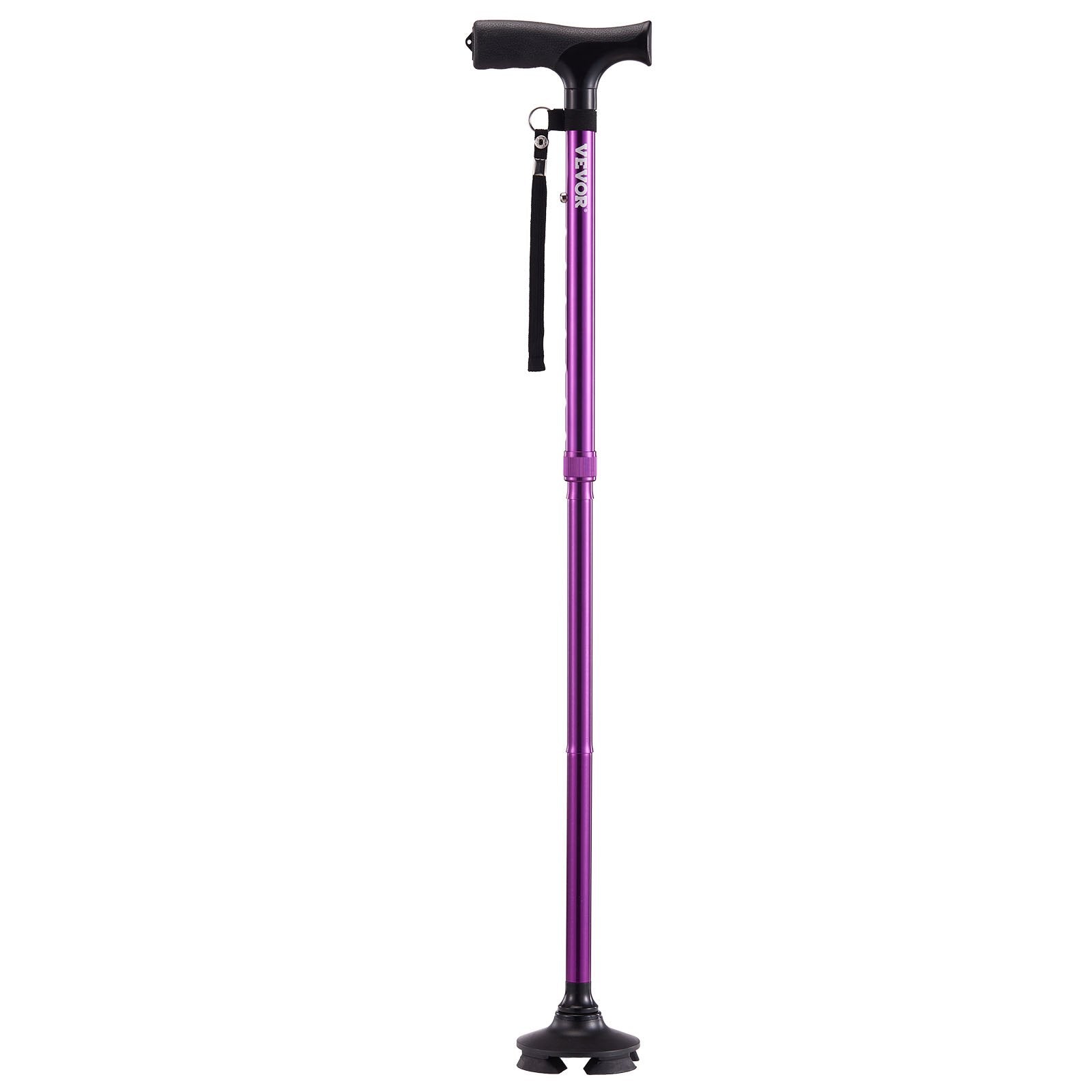 Purple walking cane with black handle and attachments on a white background