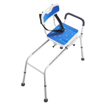 Blue and white adjustable chair with backrest on a white background