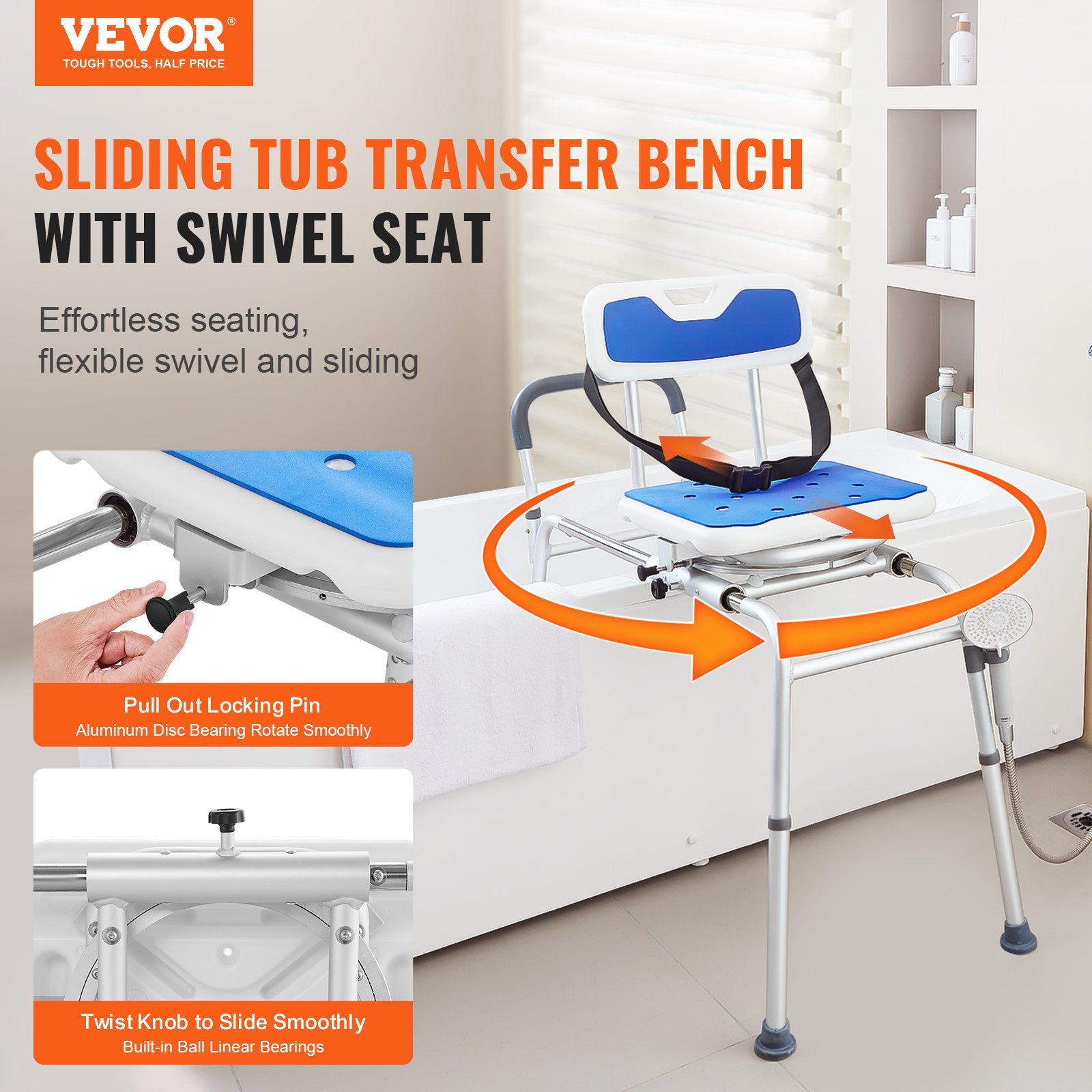 Vevor sliding tub transfer bench with swivel seat in a bathroom setting