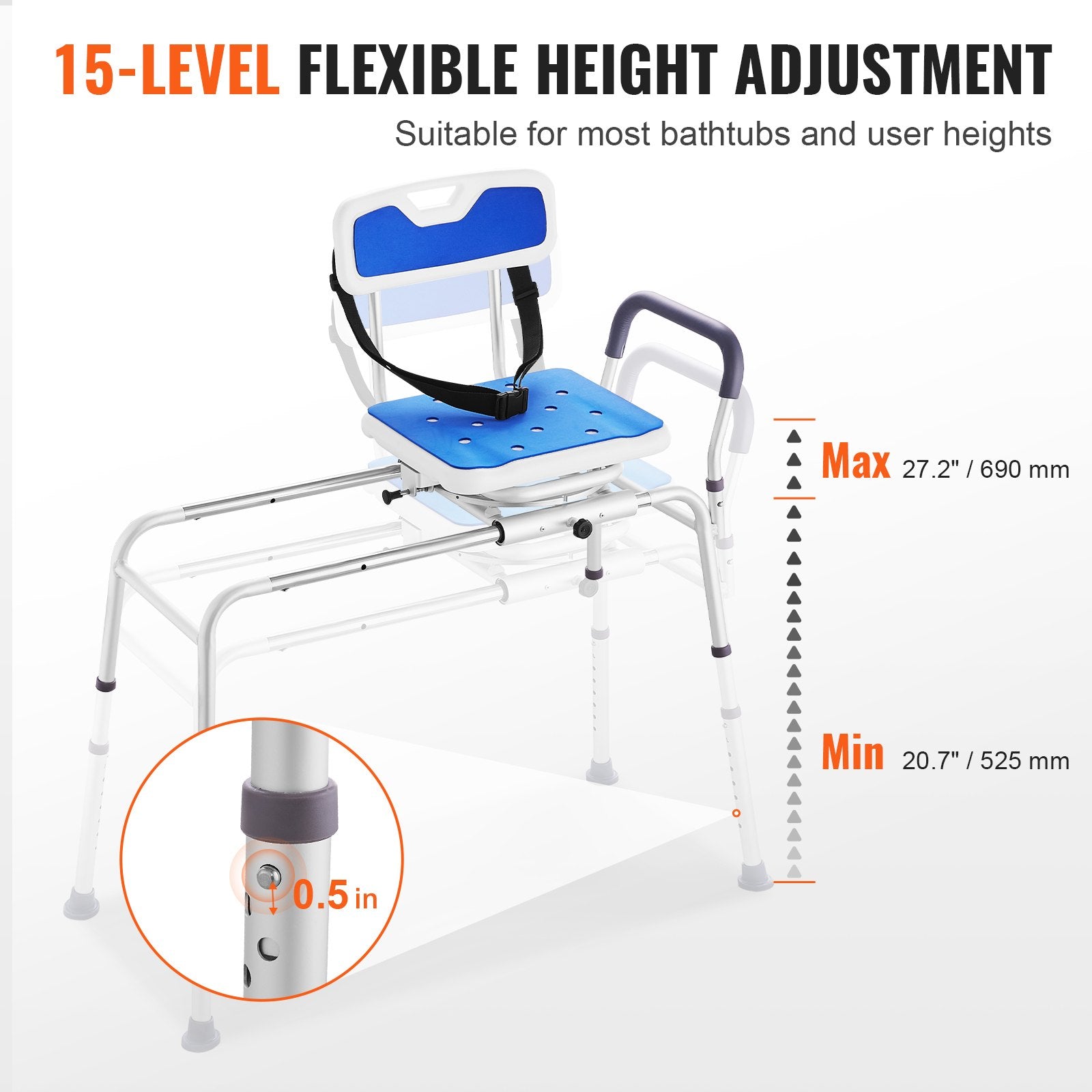 Adjustable shower chair with flexible height adjustment feature on a white background