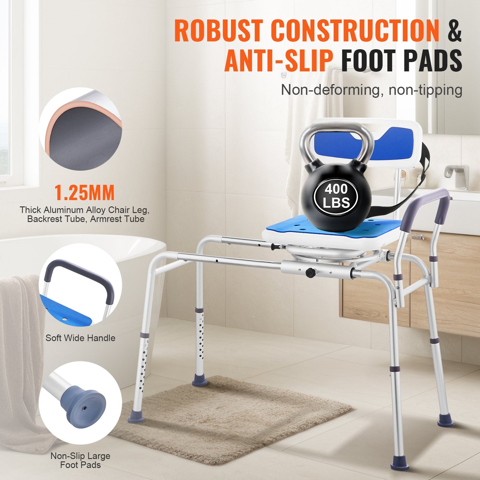 Foldable shower chair with anti-slip foot pads and robust construction features in a bathroom setting.