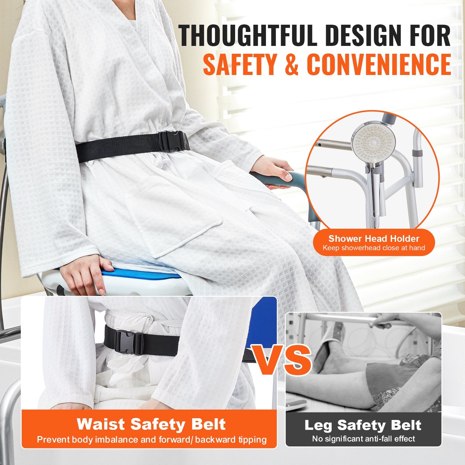 Person using a shower chair with safety belts, emphasizing design for safety and convenience.