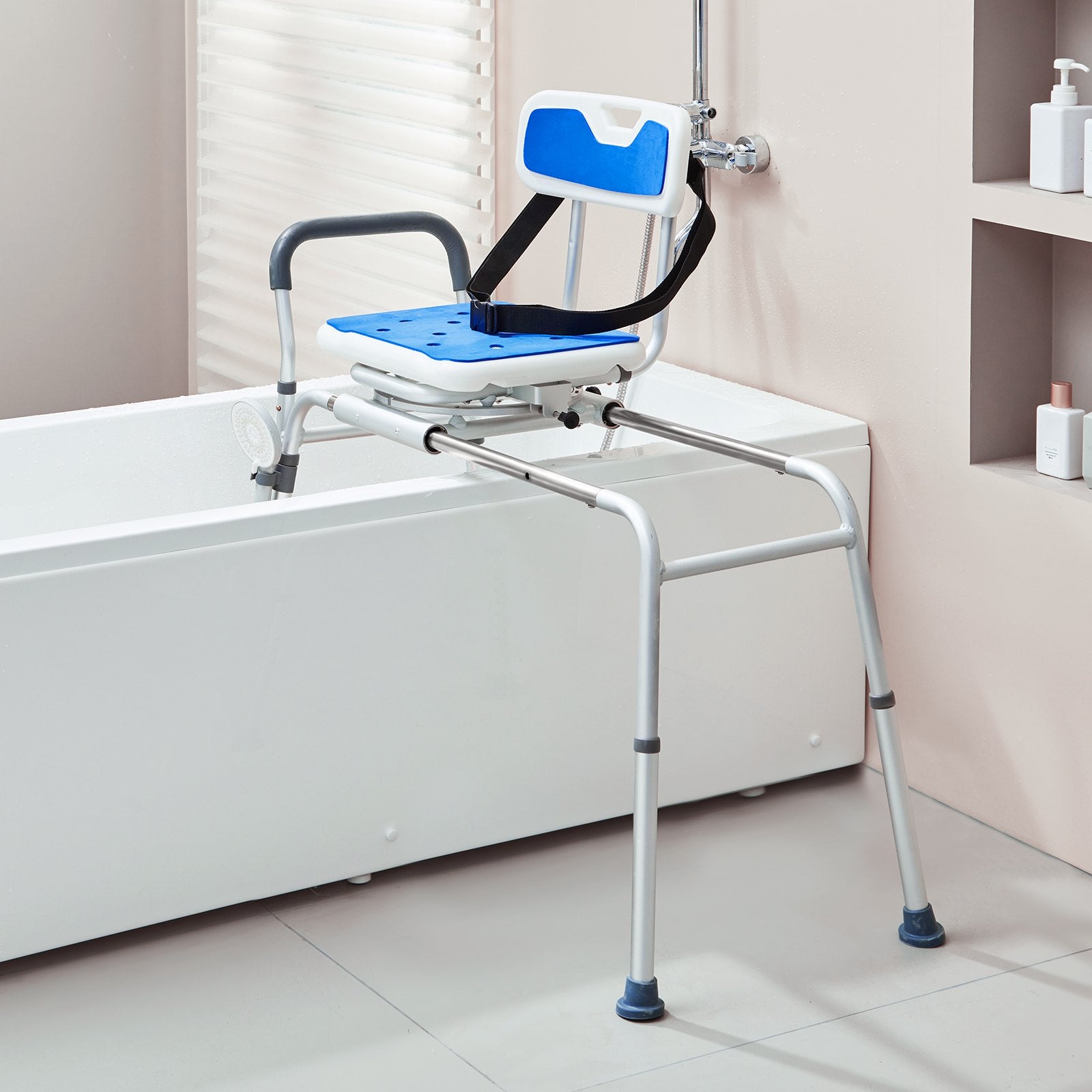 Bath support chair with blue seat and backrest in a bathroom setting.