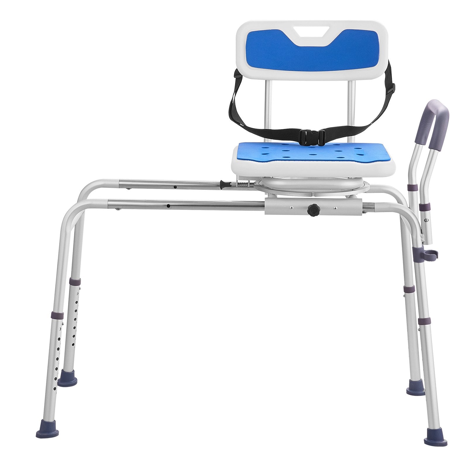 Medical shower chair with blue seat and backrest on a white background