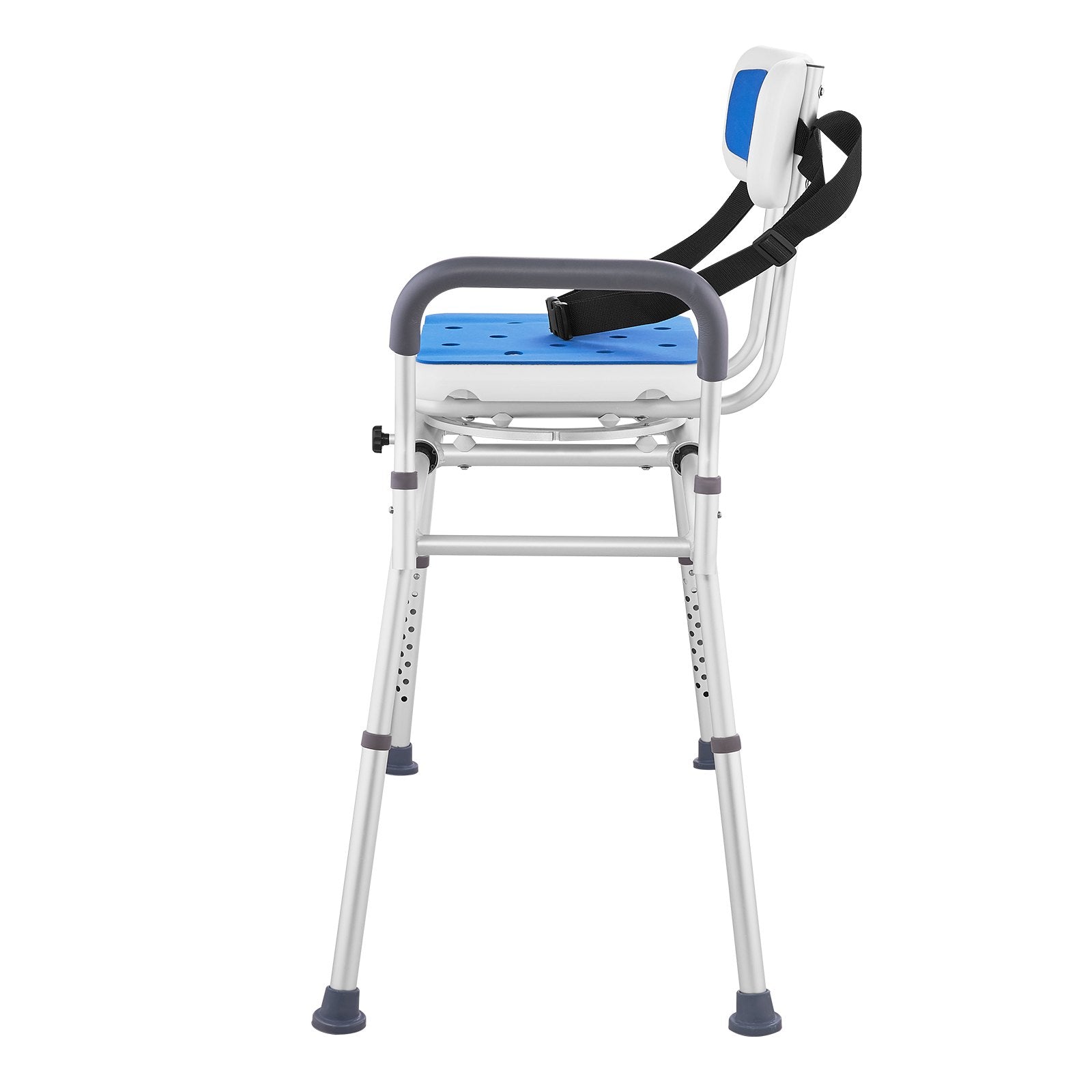 Medical walker with blue seat on a white background
