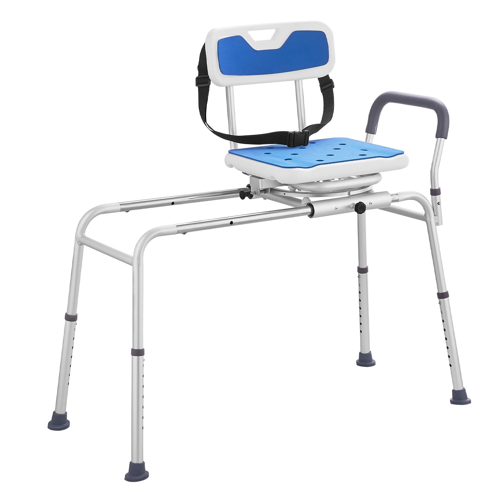 Medical shower chair with blue seat and backrest on a white background