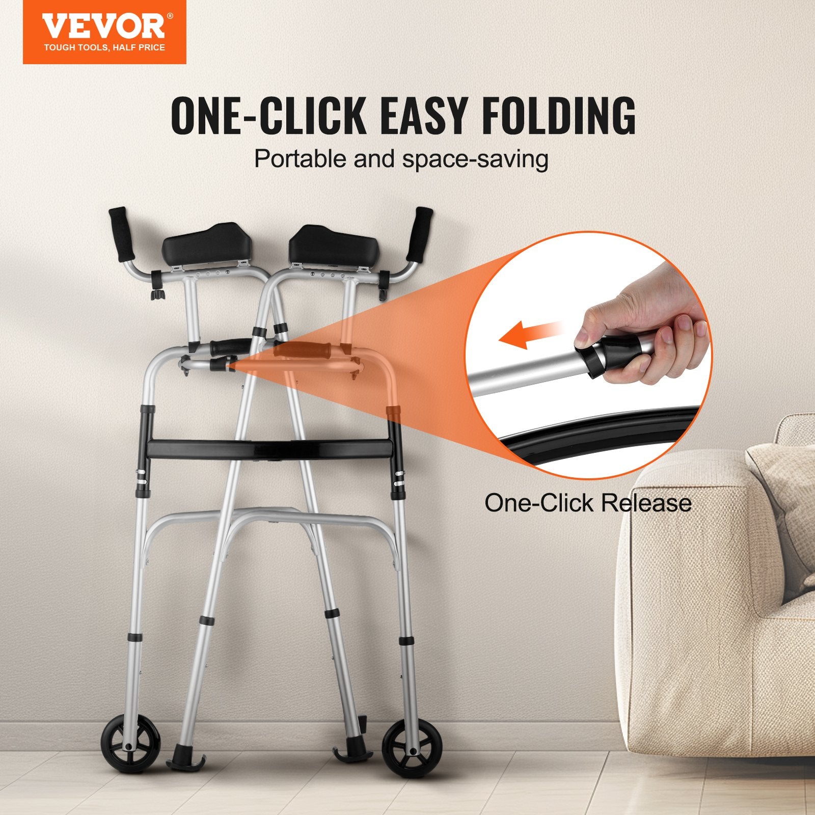 Portable walker with one-click folding mechanism on a neutral background, featuring VEVOR branding.