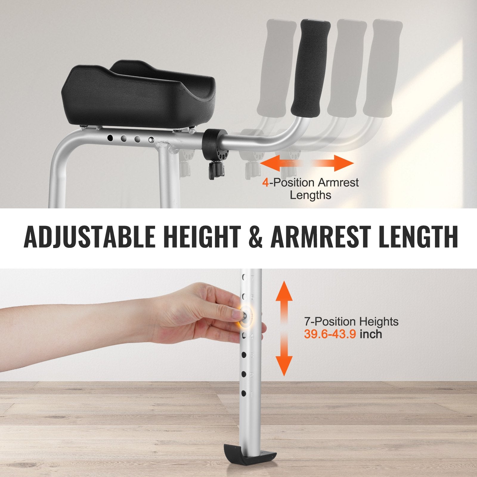 Adjustable height and armrest length mechanism with a hand demonstrating the adjustment on a white background.