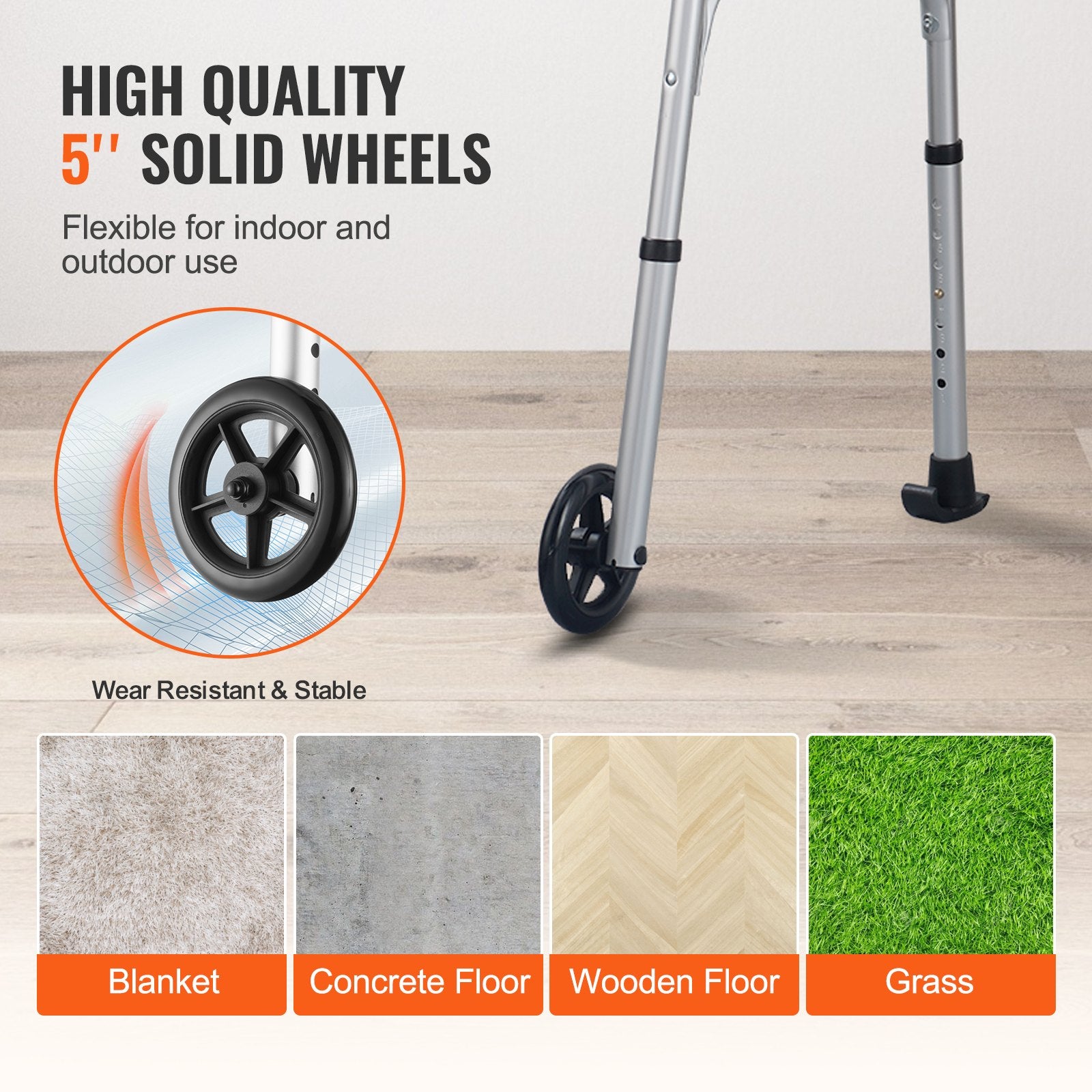 Wheeled walker with 5-inch solid wheels on a wooden floor, showing wear resistance and stability on different surfaces.