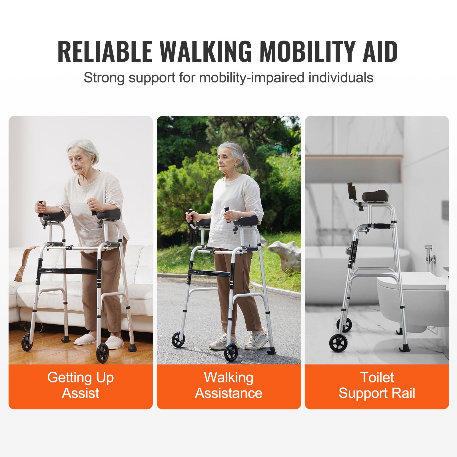 Three scenarios showing a walker being used for getting up assist, walking assistance, and toilet support rail.