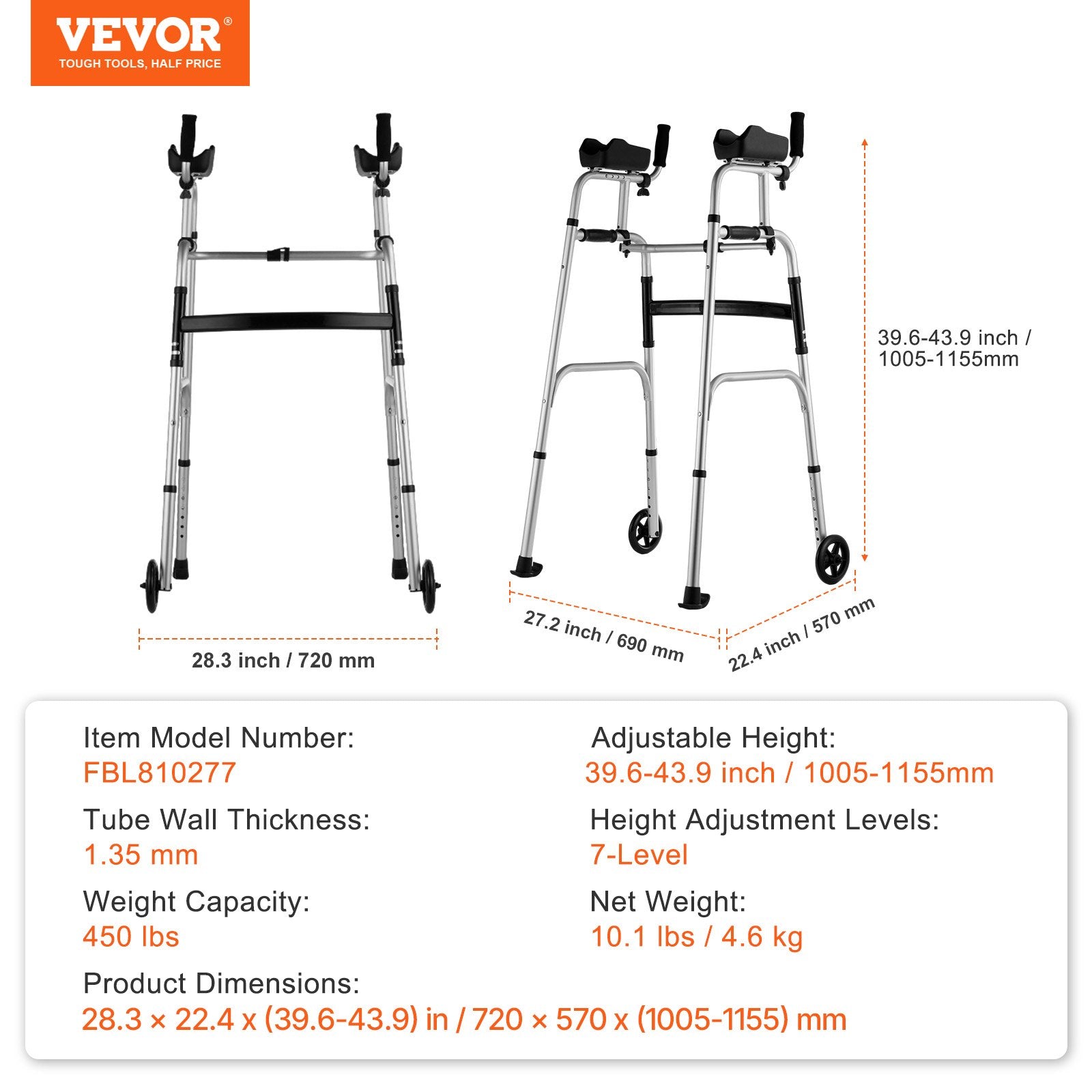 Two walkers with dimensions and VEVOR branding on a white background