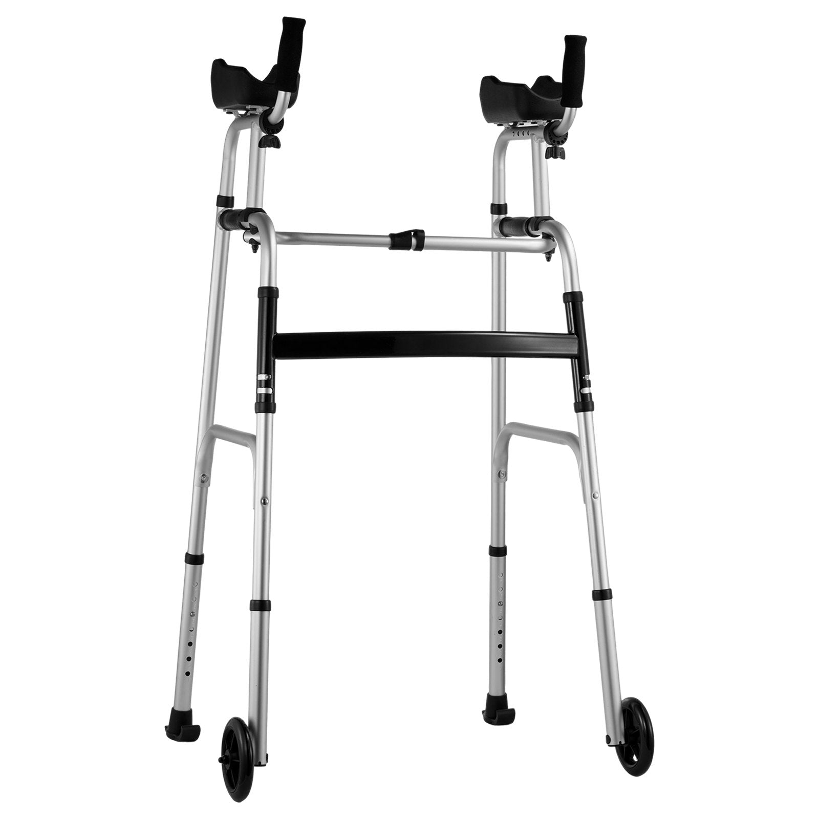 Silver walker with black wheels and handrails on a white background