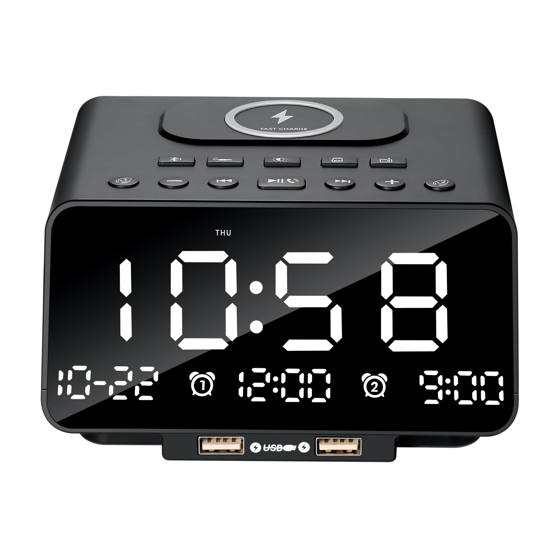 Digital clock with LED display on a white background