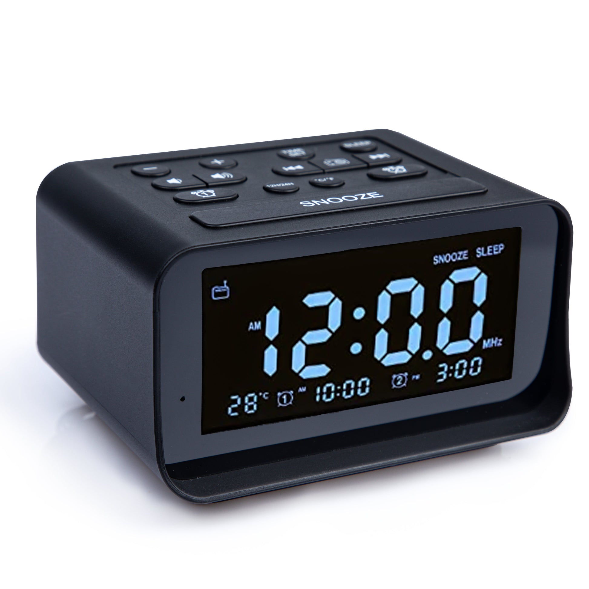 Black digital alarm clock with time display on a white background