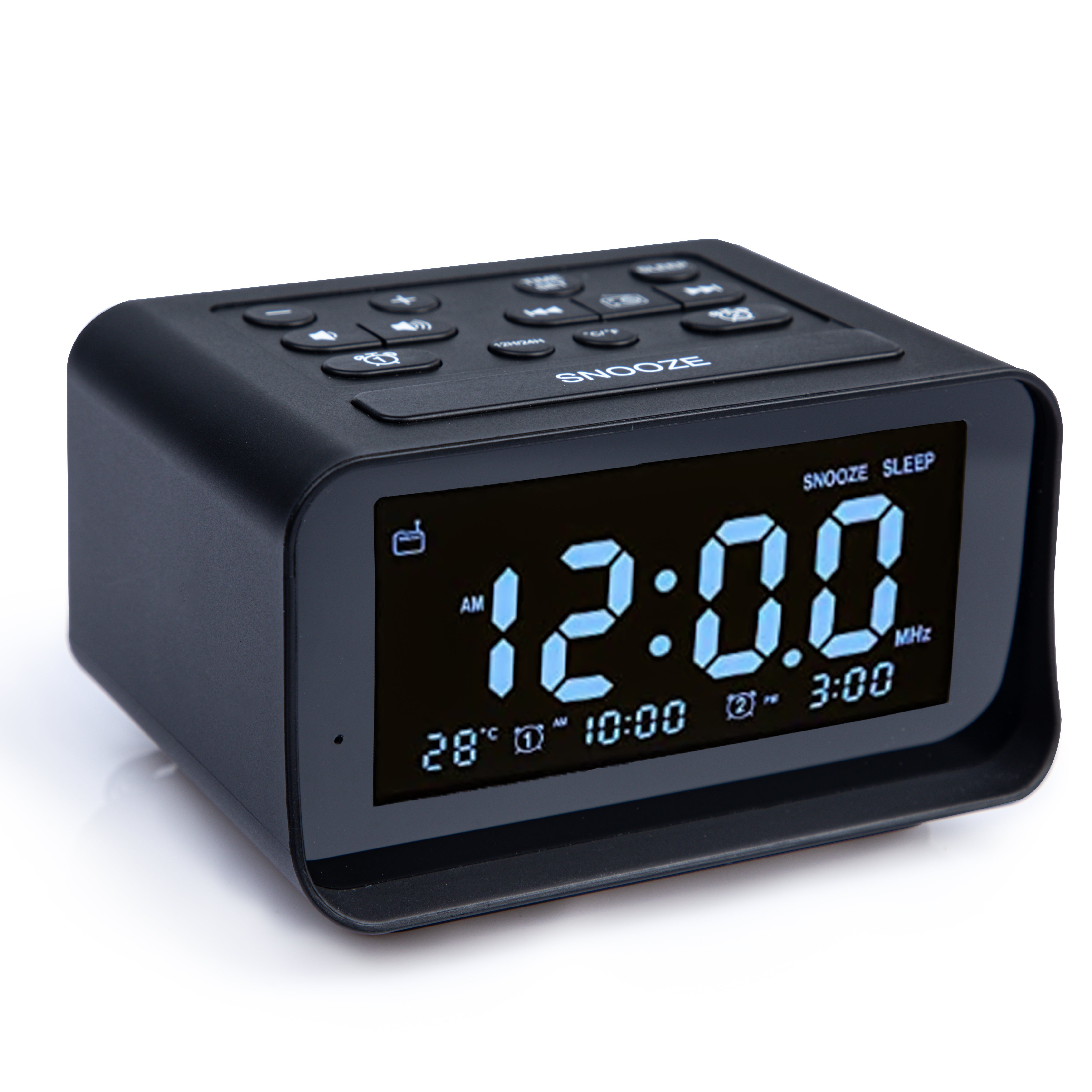 Black digital alarm clock with time display on a white background