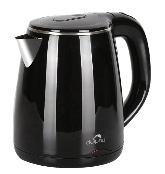 Black electric kettle with a glossy finish on a white background, featuring the Dolphy brand.