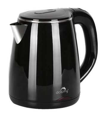 Black electric kettle with a glossy finish on a white background, featuring the Dolphy brand.
