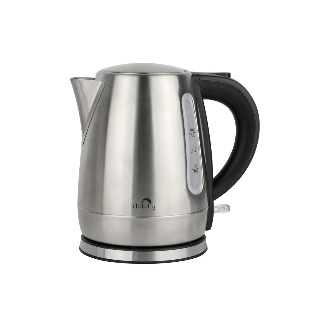 Stainless steel electric kettle with black handle on a white background