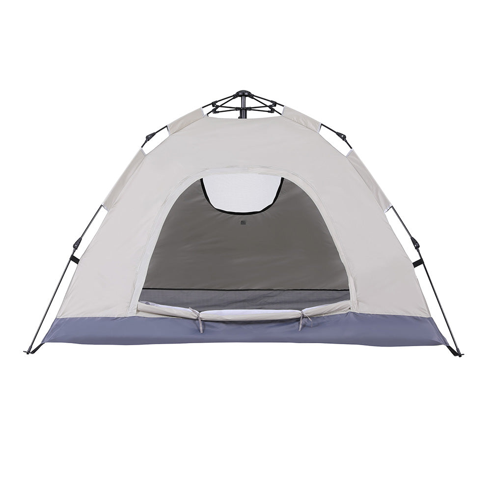 Camping tent with a white and gray exterior on a white background