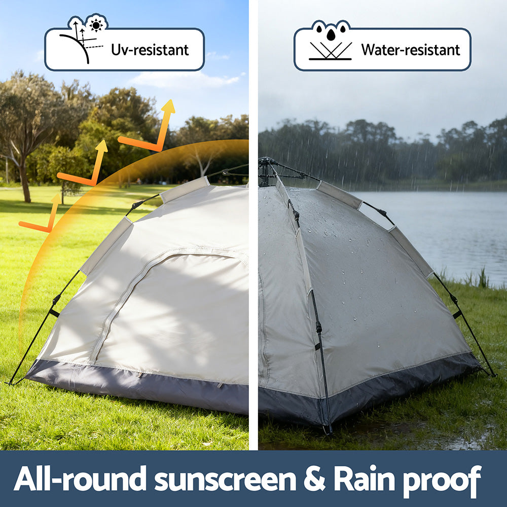 Tent with UV-resistant and water-resistant features shown outdoors.
