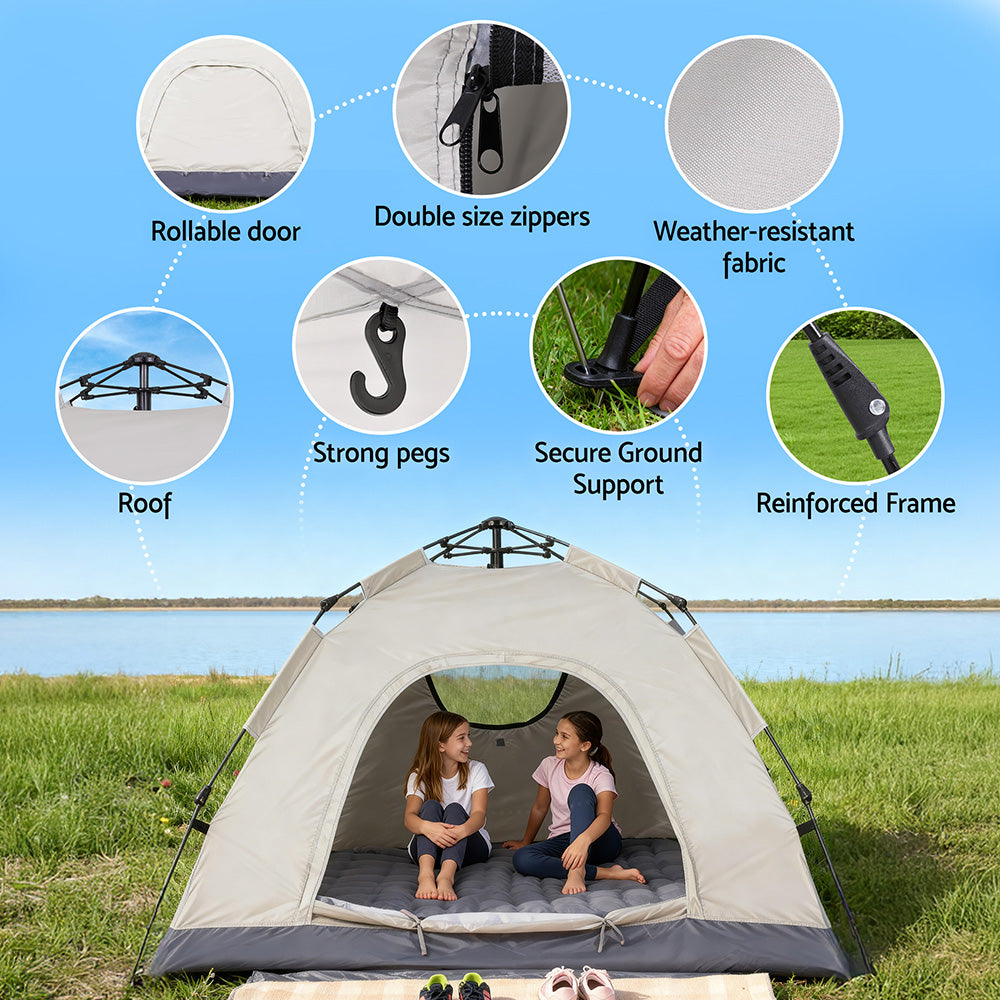 Children sitting inside a tent with features highlighted on a blue sky and grass background