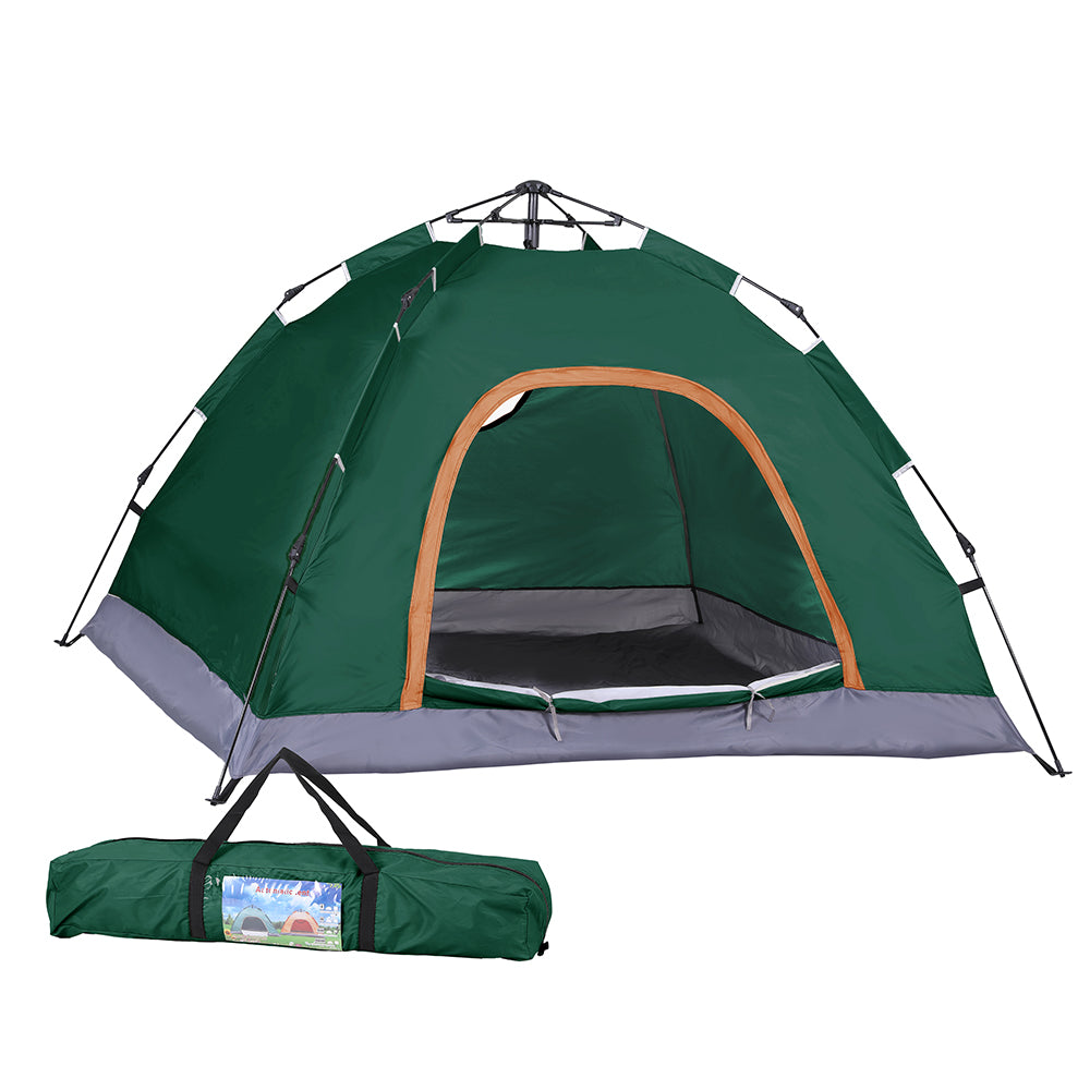 Green camping tent with carrying bag on a white background
