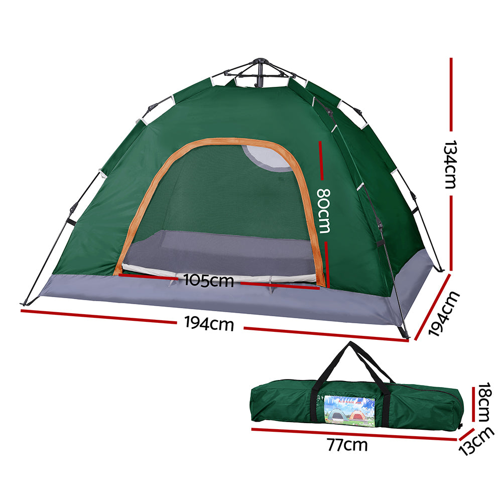 Green camping tent with dimensions on a white background