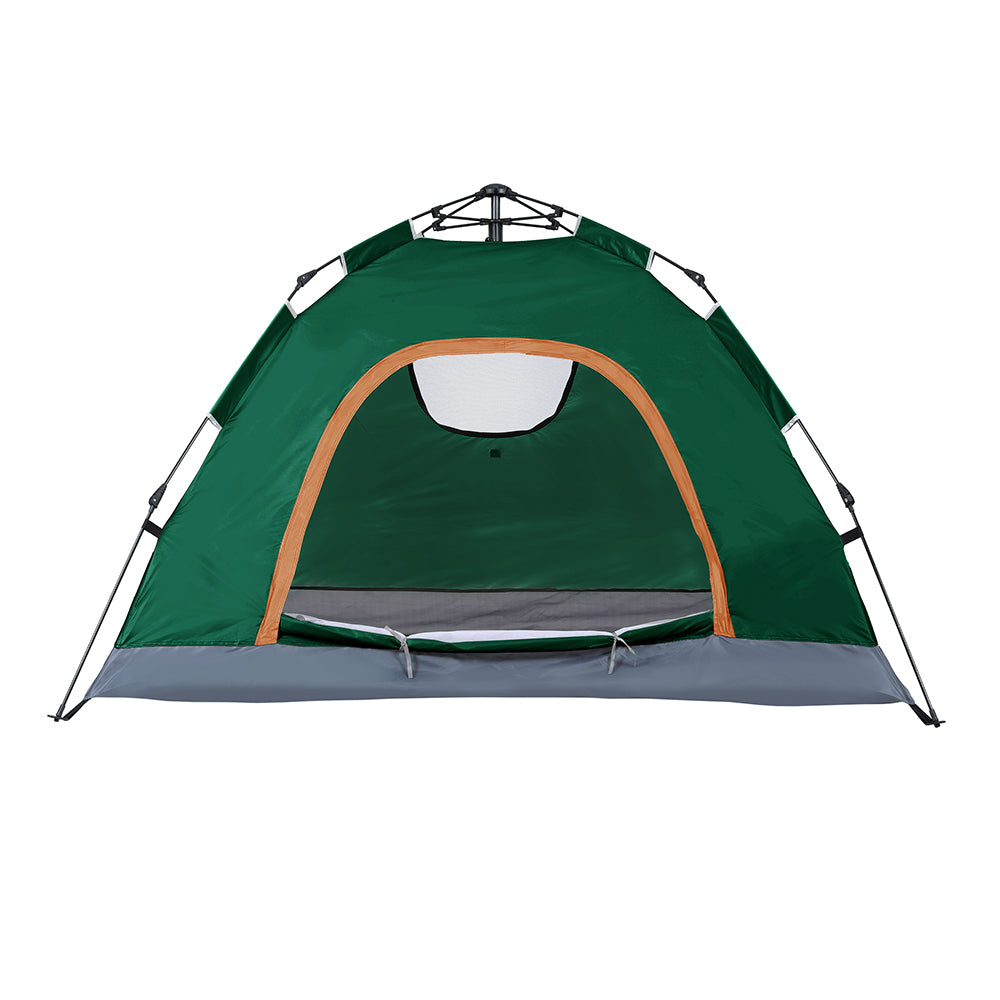 Green camping tent with a gray floor on a white background