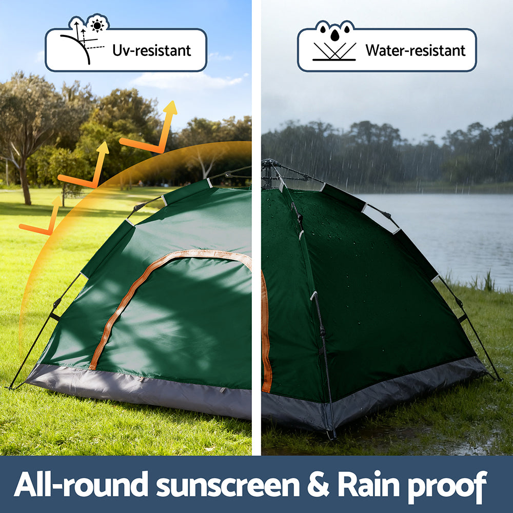 Green camping tent with UV-resistant and water-resistant features, shown in sunny and rainy conditions.