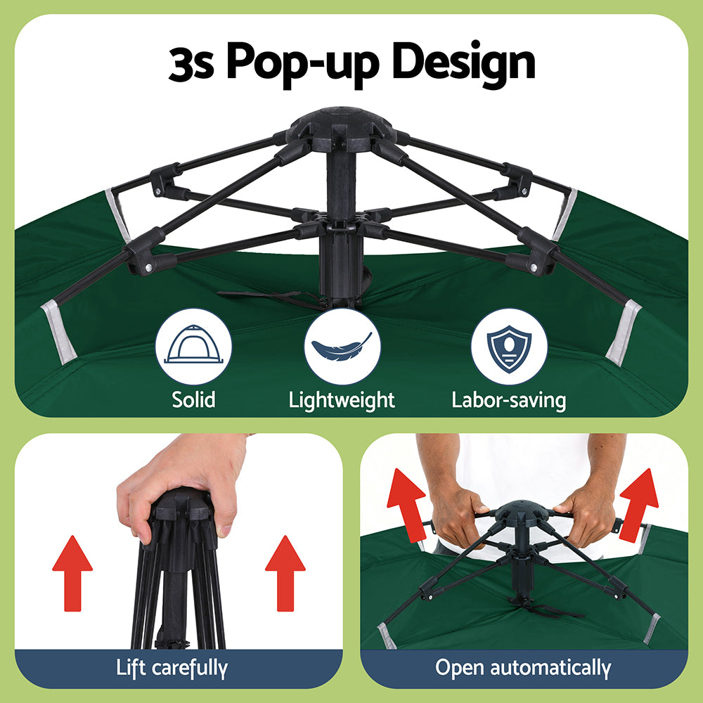 Green pop-up canopy with assembly instructions and features on a green background